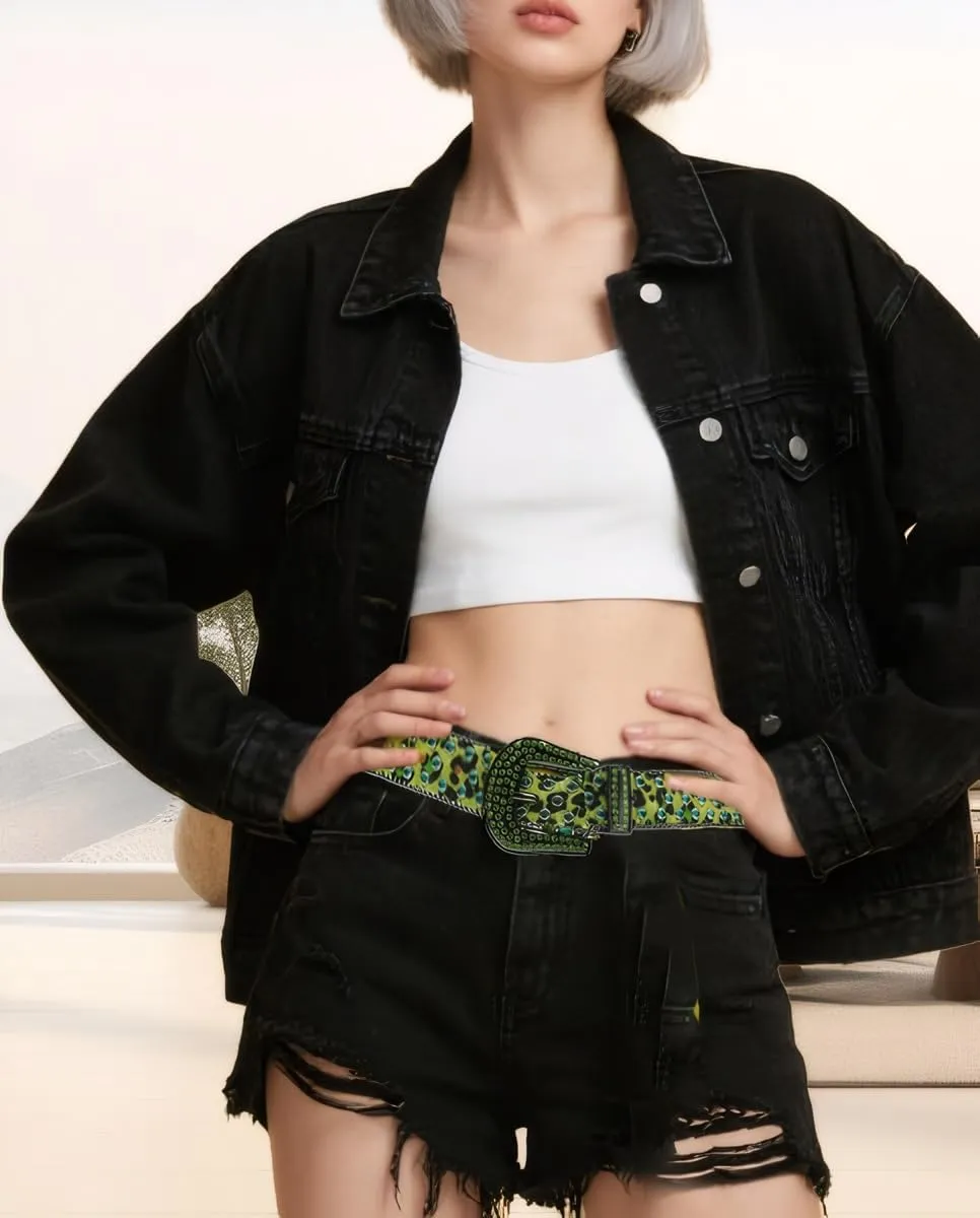 Rhinestone Belt Leopard Print Bling Belts For Women Luxury BB Y2K Cowgirl Belts for Jeans, Festival Gifts Belt