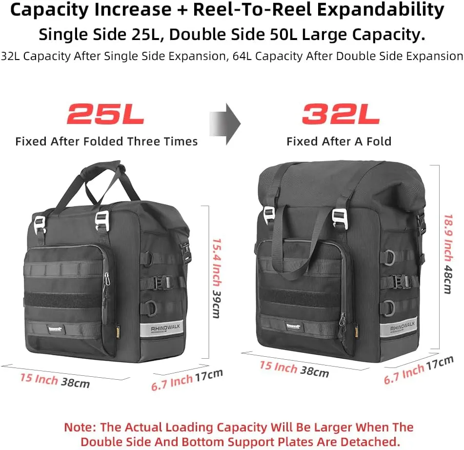 Rhinowalk Motorcycle Saddlebags - Waterproof Luggage Bags with Quick Release - 25L Fits Most Adventure and Sports Bike Racks (Black, 1 Pack)