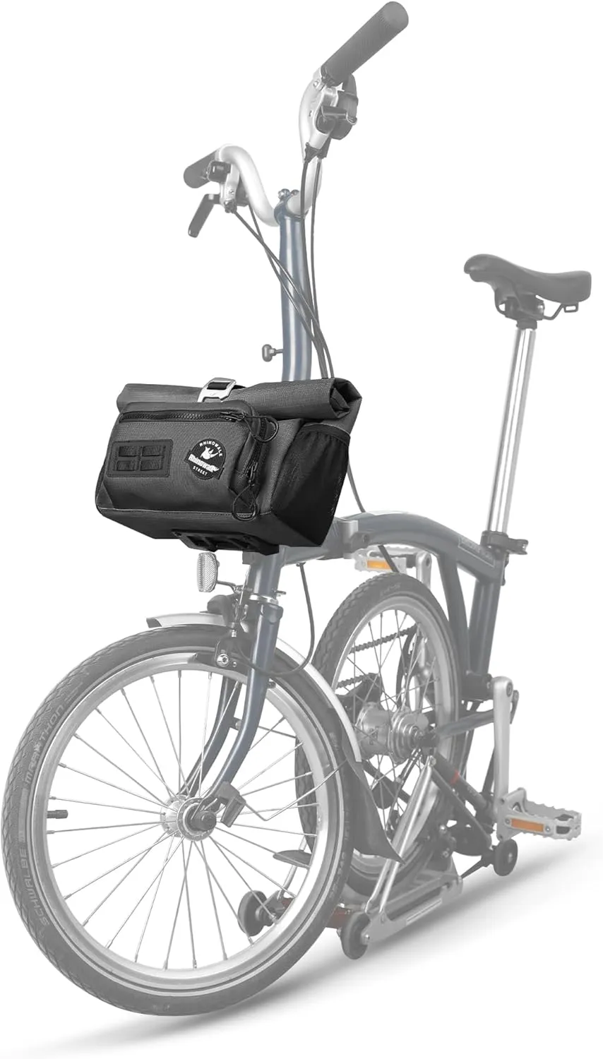 Rhinowalk Urban Cycling Front Bag for Brompton, 4L Roll-Top Bike Front Bag with Quick-Release Mount, Convertible Shoulder Bag, Bicycle Storage Bag with Rain Cover(Black)