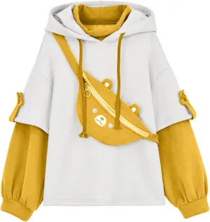 RKSTN Hoodies for Women,Cute Sweatshirt for Teen Girls Bear Hoodie Autumn Winter Plus Size Jacket Personality Bag Pullover Yellow