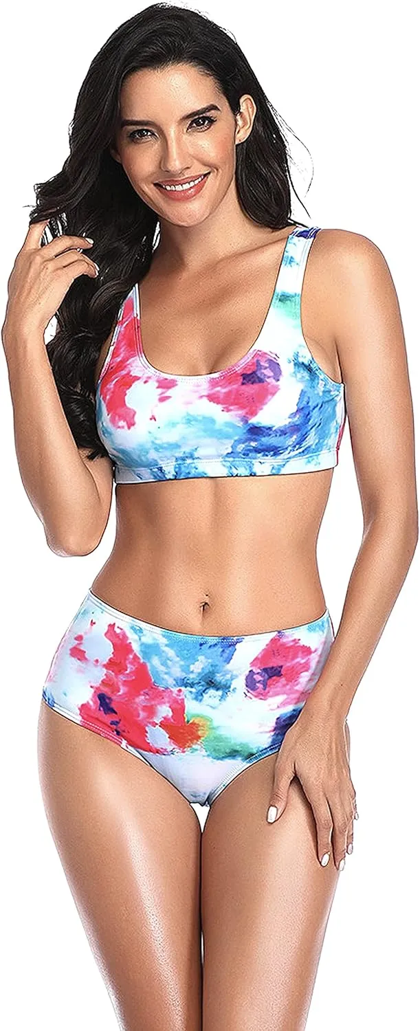 Roll Up Women’s Sexy Bikini Swimsuit Two Piece Bathing Suit Beach Pool Tank Top Bikini Set High Waist Swimwear