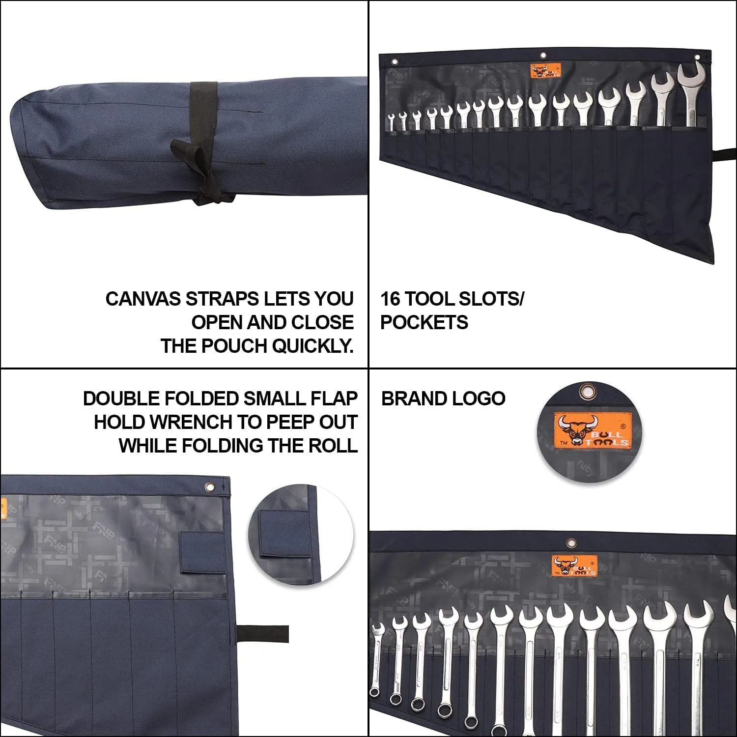 Roll-Up Wrench Organizer SAE & Metric Wrench Tool Pouch 16 Pockets Heavy-Duty Waterproof Ballistic Polyester Canvas for Mechanics, DIY Projects, Garage Use - Navy Blue (Tools Not Included)