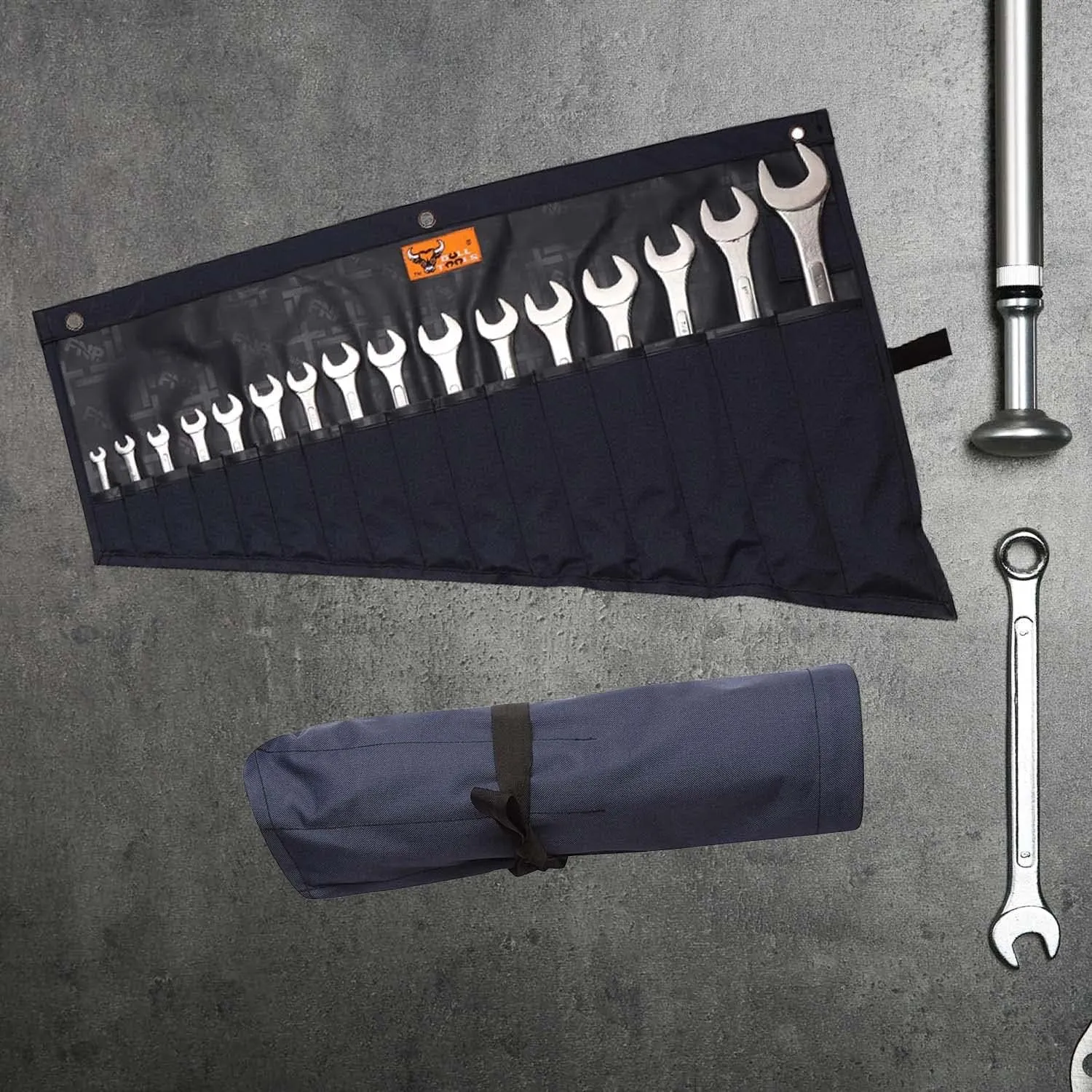 Roll-Up Wrench Organizer SAE & Metric Wrench Tool Pouch 16 Pockets Heavy-Duty Waterproof Ballistic Polyester Canvas for Mechanics, DIY Projects, Garage Use - Navy Blue (Tools Not Included)