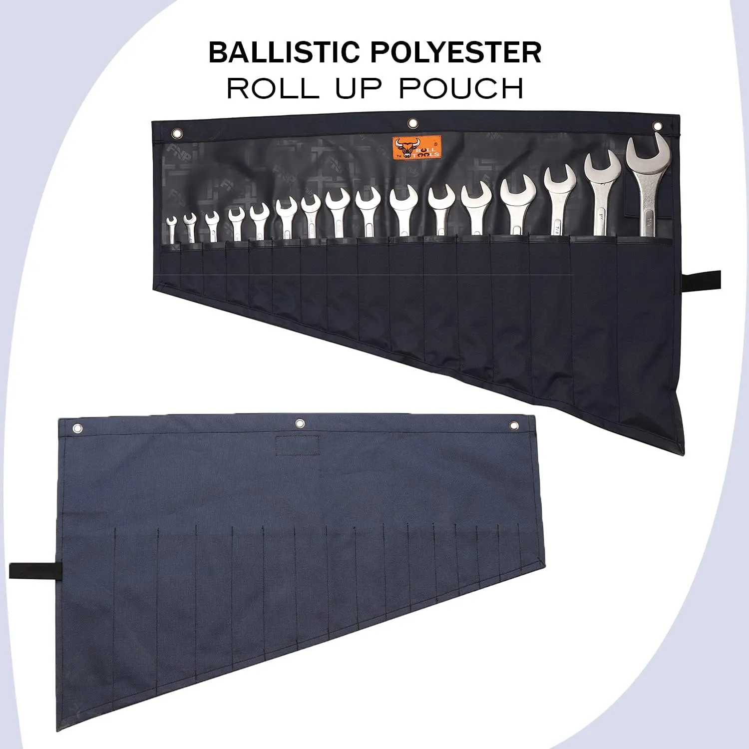 Roll-Up Wrench Organizer SAE & Metric Wrench Tool Pouch 16 Pockets Heavy-Duty Waterproof Ballistic Polyester Canvas for Mechanics, DIY Projects, Garage Use - Navy Blue (Tools Not Included)