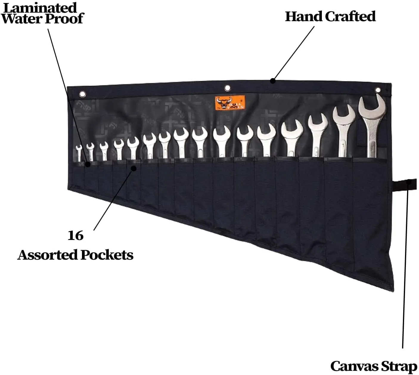 Roll-Up Wrench Organizer SAE & Metric Wrench Tool Pouch 16 Pockets Heavy-Duty Waterproof Ballistic Polyester Canvas for Mechanics, DIY Projects, Garage Use - Navy Blue (Tools Not Included)