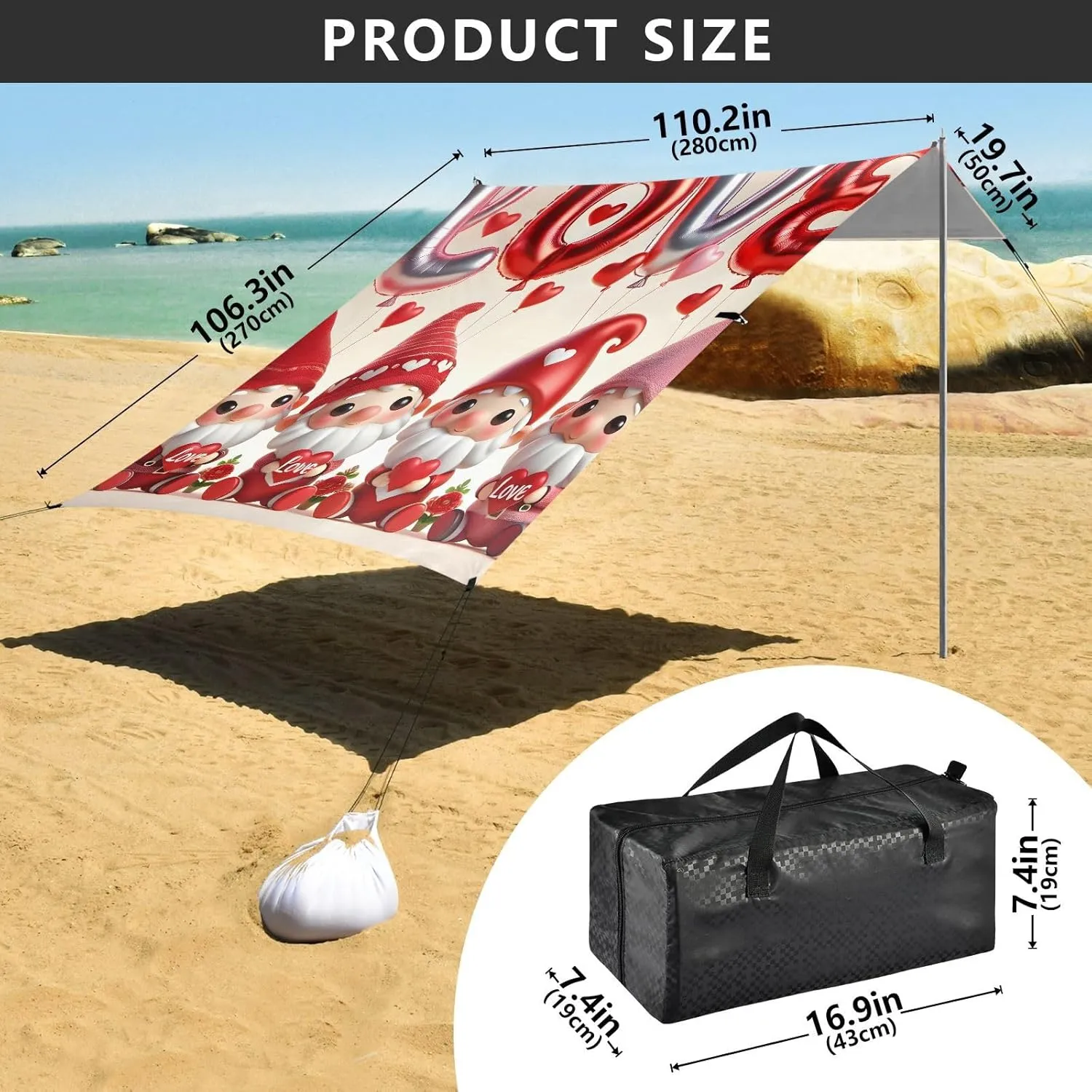 Romantic Love Gnomes Red Balloons Beach Canopy Tent Sun Shade Outdoor Patio Floral Camping Sun Shelter Yard Windproof with Sand Bags Poles 9.2 × 10.5 FT