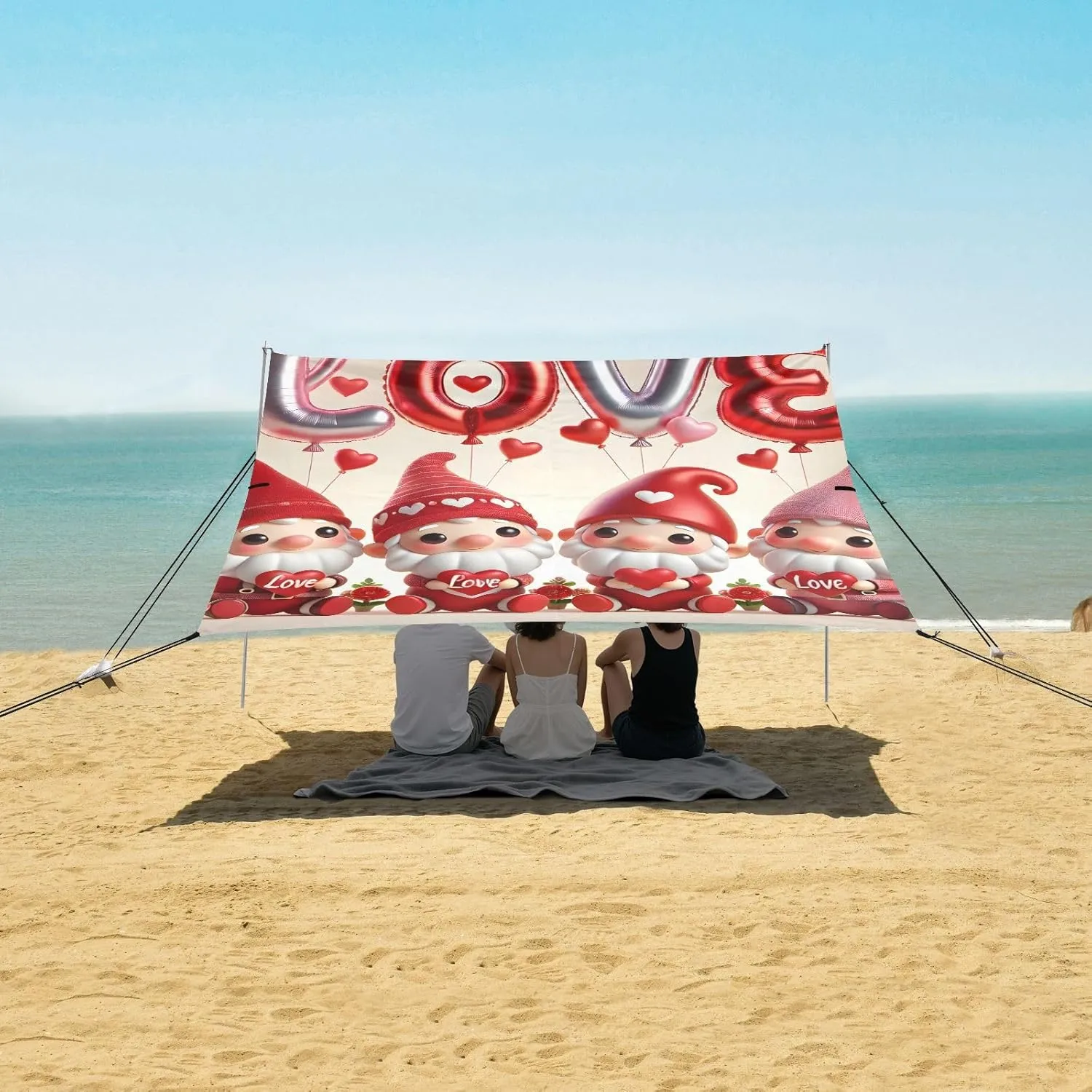 Romantic Love Gnomes Red Balloons Beach Canopy Tent Sun Shade Outdoor Patio Floral Camping Sun Shelter Yard Windproof with Sand Bags Poles 9.2 × 10.5 FT