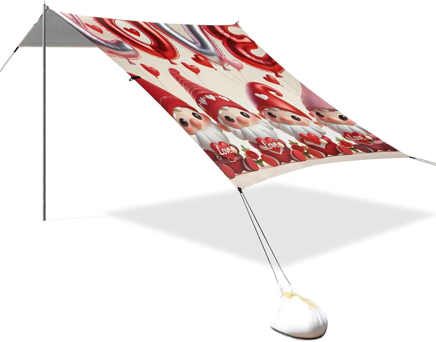 Romantic Love Gnomes Red Balloons Beach Canopy Tent Sun Shade Outdoor Patio Floral Camping Sun Shelter Yard Windproof with Sand Bags Poles 9.2 × 10.5 FT