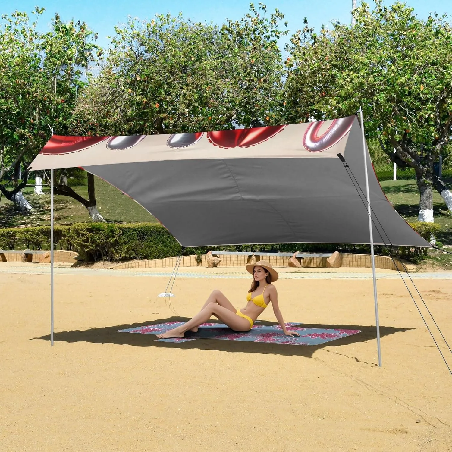 Romantic Love Gnomes Red Balloons Beach Canopy Tent Sun Shade Outdoor Patio Floral Camping Sun Shelter Yard Windproof with Sand Bags Poles 9.2 × 10.5 FT