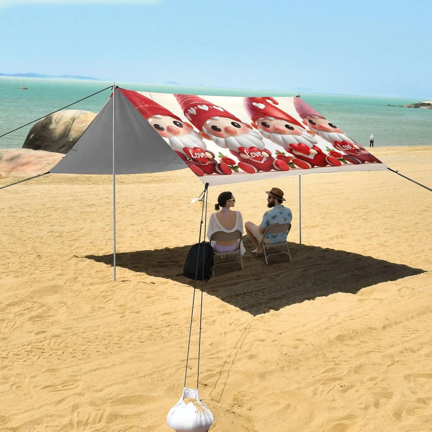 Romantic Love Gnomes Red Balloons Beach Canopy Tent Sun Shade Outdoor Patio Floral Camping Sun Shelter Yard Windproof with Sand Bags Poles 9.2 × 10.5 FT