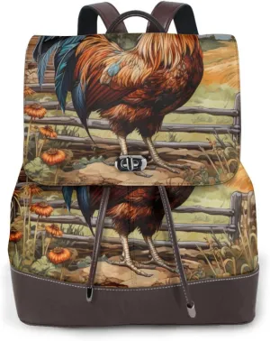 Rooster On Wood In Farmland Print Leather Backpack Bags For Women Fashion Shoulder Bags Large Travel Hiking Daypacks