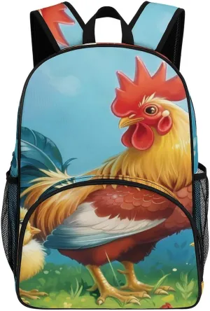 Rooster with Chickens Painting Backpack Print Laptop Bag Shoulder Bags Travel Casual Daypacks For Women Men