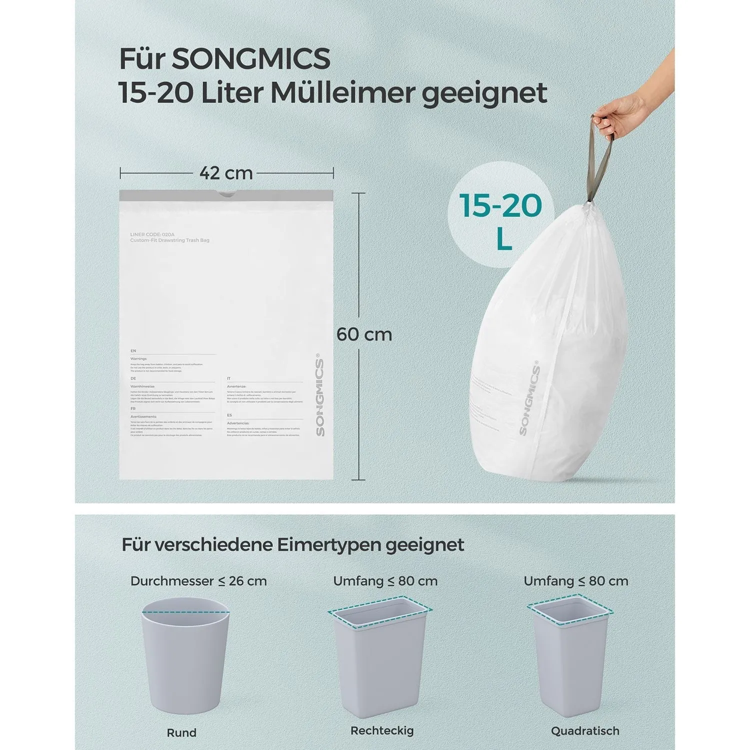 Rootz Set of 3 White Plastic Drawstring Bags - Trash Bags - Garbage Bags - Durable Polyethylene Material - 42cm x 60cm - 15-20 Liter Capacity - Lightweight - Strong Drawstring - 1.1kg - 12kg Static Load Capacity - 10kg Drawstring Load Capacity