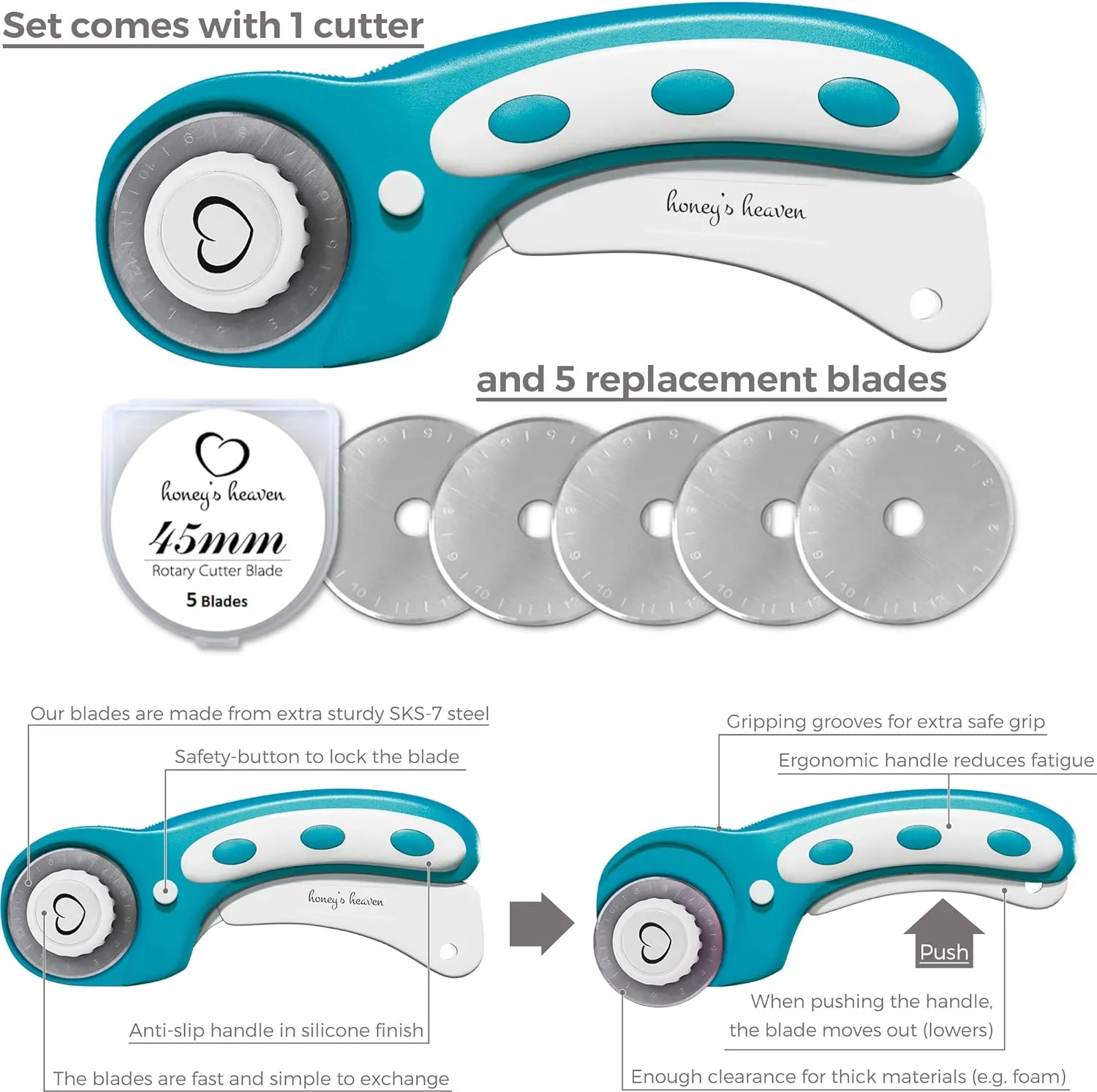 Rotary Cutter Set turquoise - Quilting Kit incl. 45mm Fabric Cutter, 5 Replacement Blades, A3 Cutting Mat, Acrylic Ruler and Craft Clips - Ideal for Crafting, Sewing, Patchworking, Crochet & Knitting
