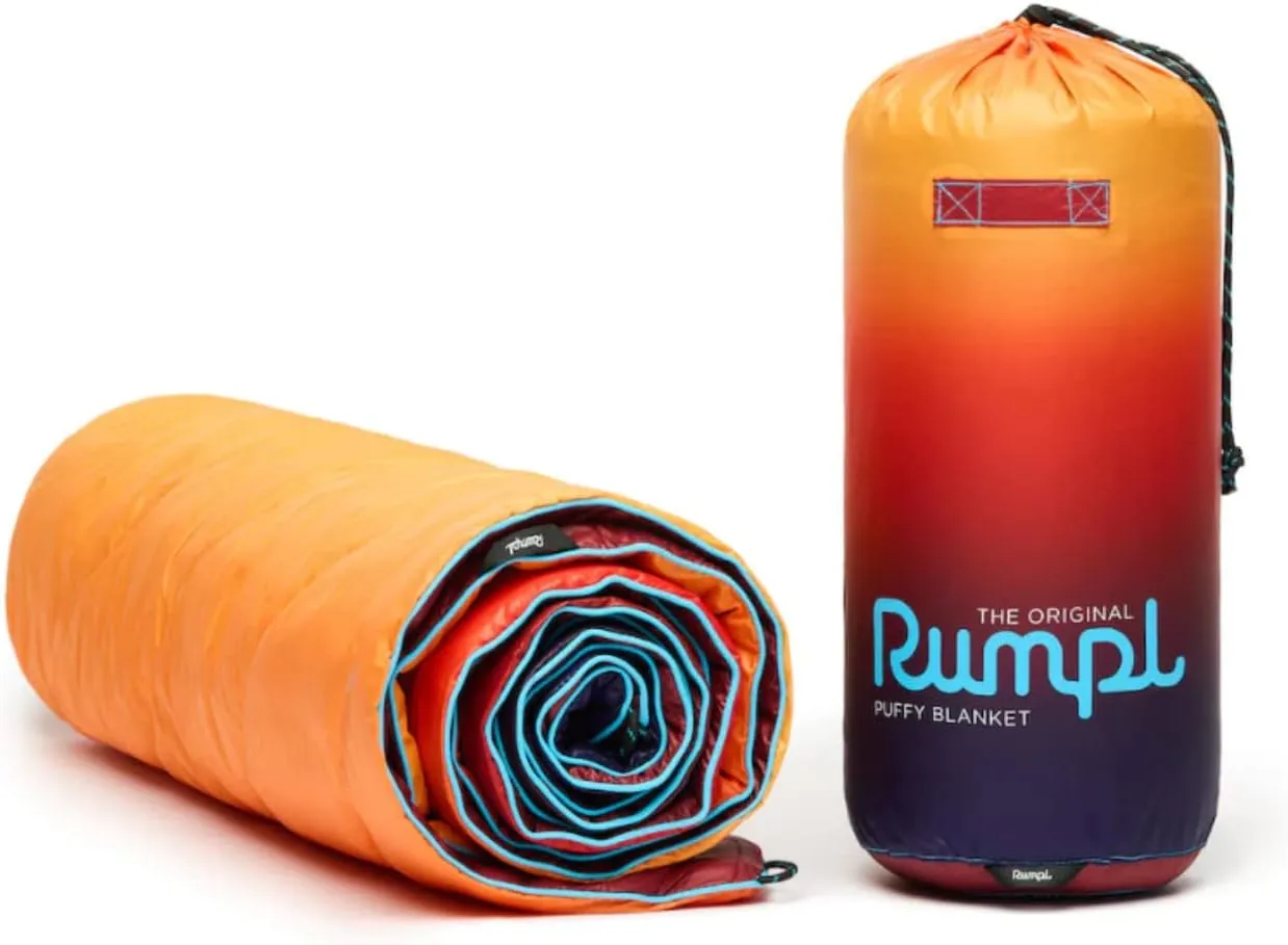 Rumpl Original Puffy Blanket - Warm Puffy Camping Blanket, 100% Recycled Polyester Insulation, Lightweight, Packable, Water-Resistant, Outdoor Puffer Blanket, 52"x75", V1, Pyro Fade