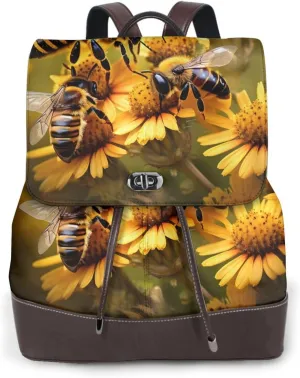 Rural Honey Bees Flowers Print Leather Backpack Bags For Women Fashion Shoulder Bags Large Travel Hiking Daypacks