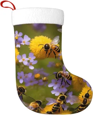 Rural Honey Bees Wildflowers Print Christmas Stocking,Christmas Decorations Gift Bag Hanging Ornament For Xmas Holiday Party
