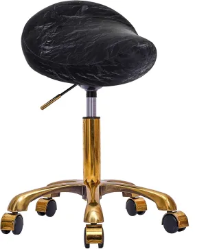 Saddle Stool Gold Rolling Stool with Wheels, PU Leather Roller Vanity Chair, Height Adjustable Swivel Saddle Chair for Pedicure, Tattoo, Massage, Salon, Spa (Black)