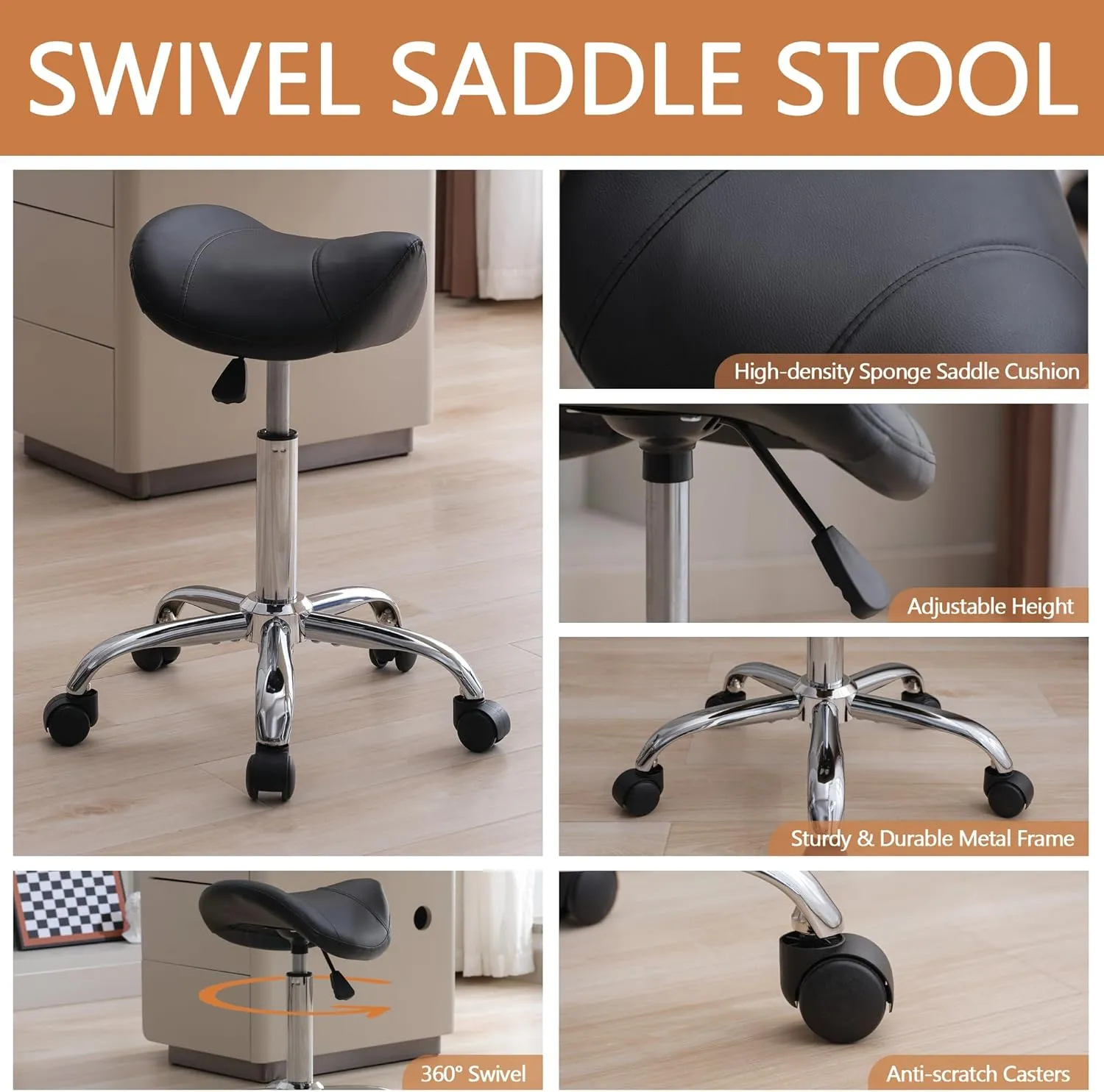Saddle Stool, Swivel Saddle Stool with Wheels, Adjustable Rolling Stool 18"-26", Faux Leather Rolling Saddle Stool for Salon, Massage, Clinic, Lab, Office (Black, 1PCS (18"-26"))