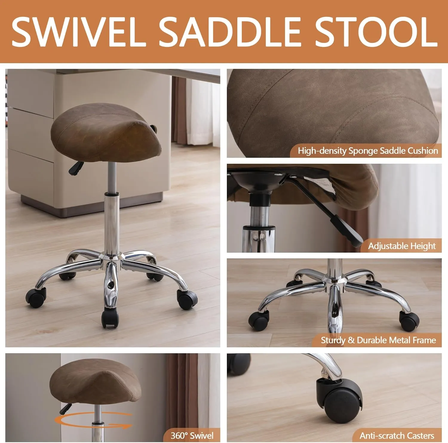 Saddle Stool, Swivel Saddle Stool with Wheels, Adjustable Rolling Stool 18"-26", Faux Leather Rolling Stool for Salon, Massage, Clinic, Lab, Office (Tan, 1PCS (18"-26"))