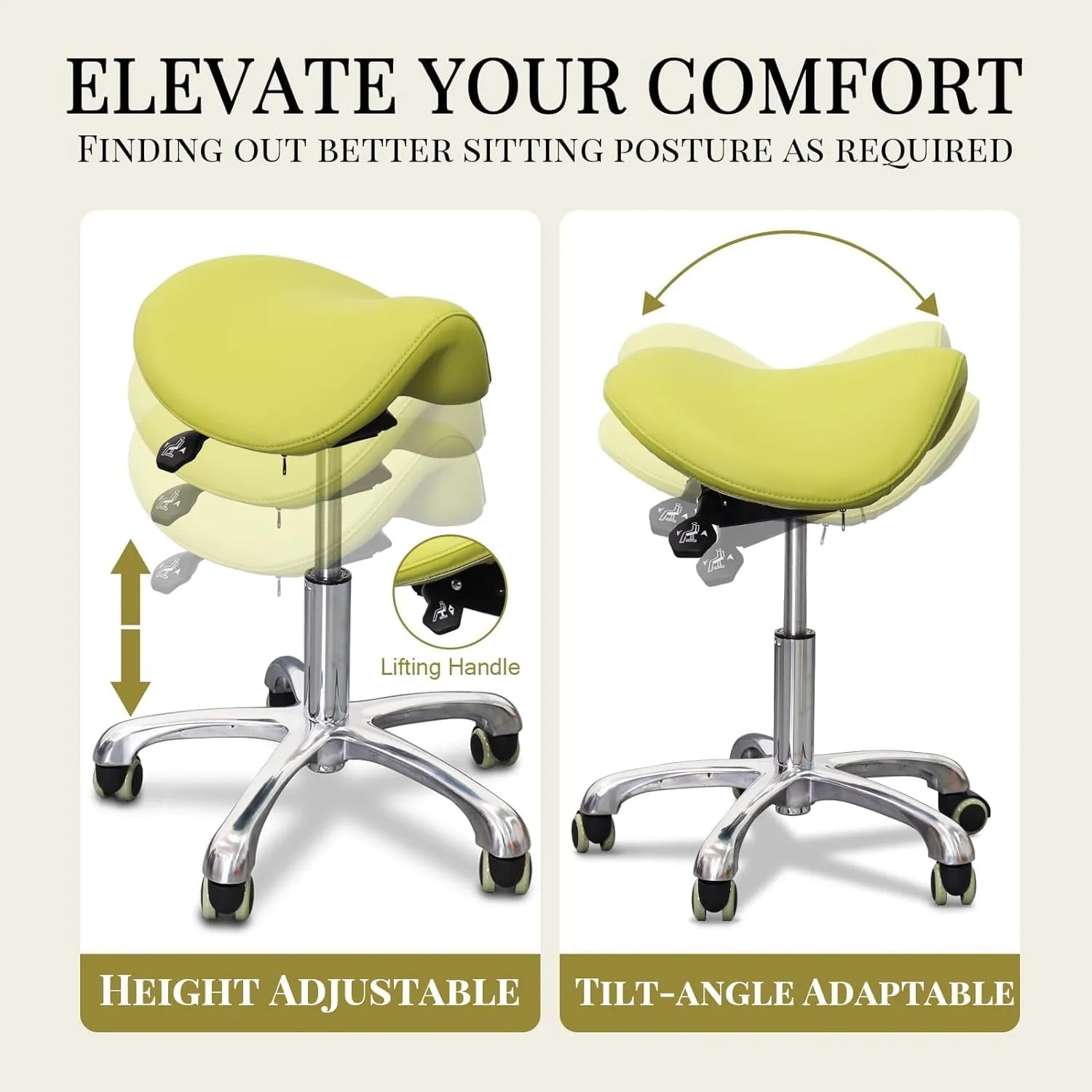 Saddle Stool Tilting Available Ergonomic Swivel Stool Chair with Hydraulic Lifting Height Adjustable Rolling Stool for Office Desk Clinic Dentist Spa (Olive Green)