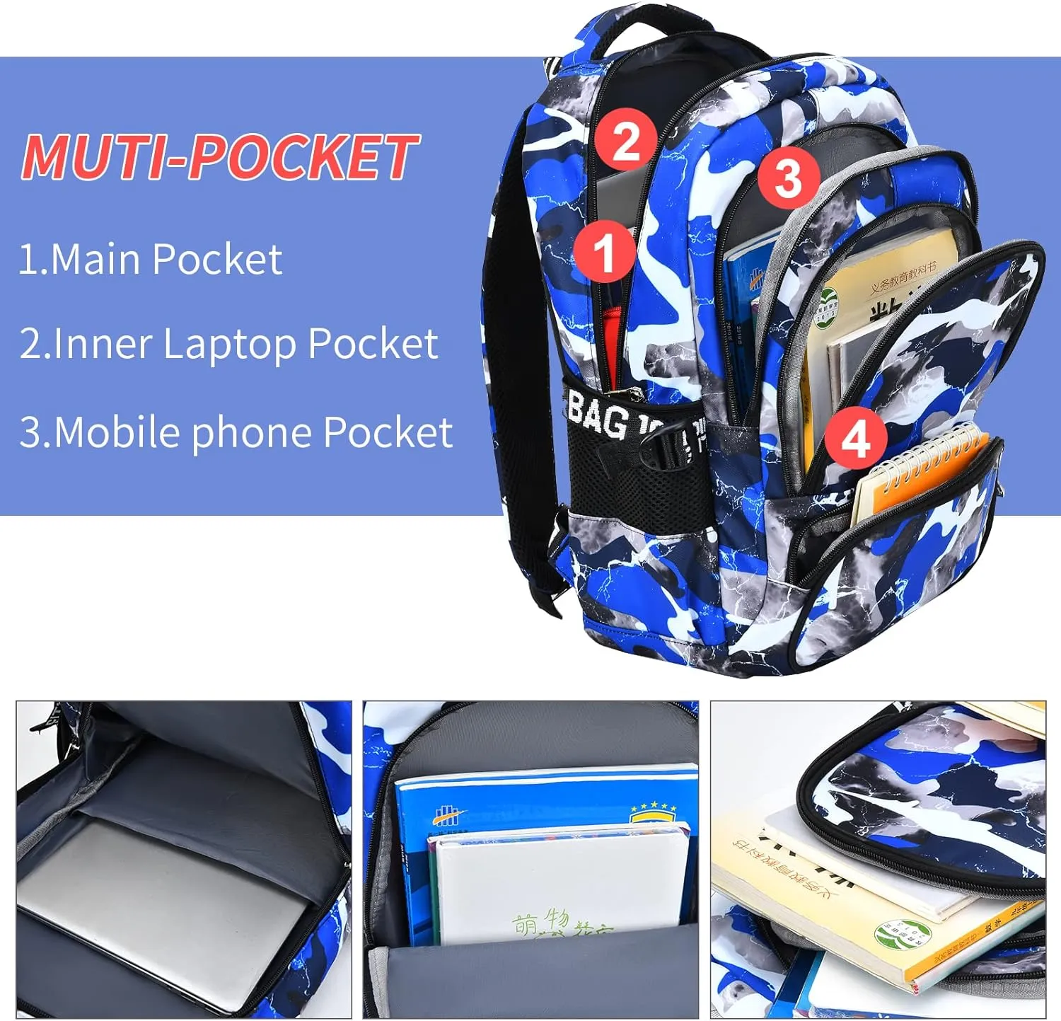 School Backpack Casual Daypack Travel Outdoor Camouflage Backpack Christmas Presents for Boys and Girls (AY Camo Blue)
