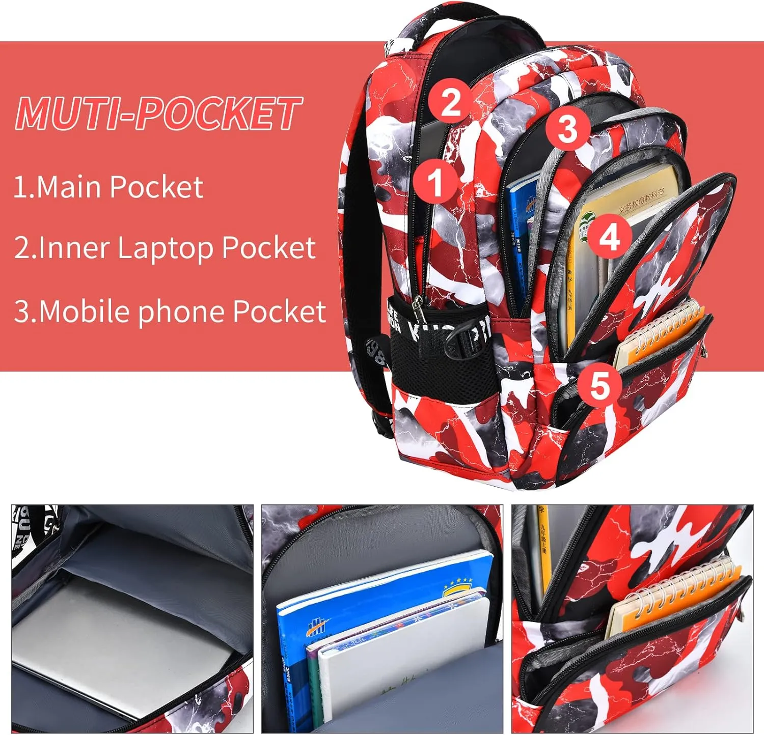 School Backpack Casual Daypack Travel Outdoor Camouflage Backpack Christmas Presents for Boys and Girls (AY Camo Red)
