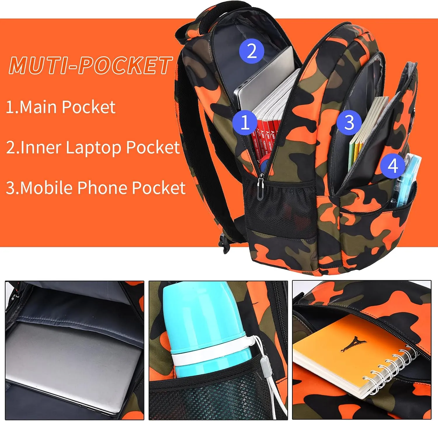 School Backpack Casual Daypack Travel Outdoor Camouflage Backpack Christmas Presents for Boys and Girls (CY Camo Orange)