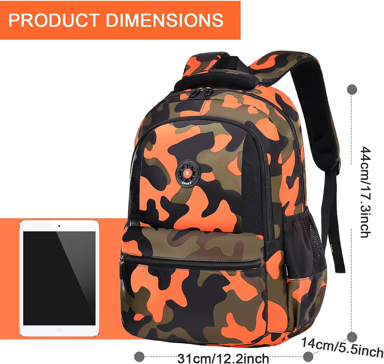 School Backpack Casual Daypack Travel Outdoor Camouflage Backpack Christmas Presents for Boys and Girls (CY Camo Orange)