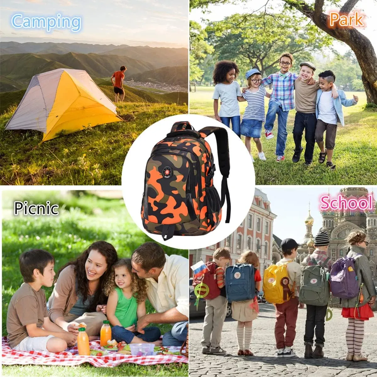 School Backpack Casual Daypack Travel Outdoor Camouflage Backpack Christmas Presents for Boys and Girls (DY Camo Orange)