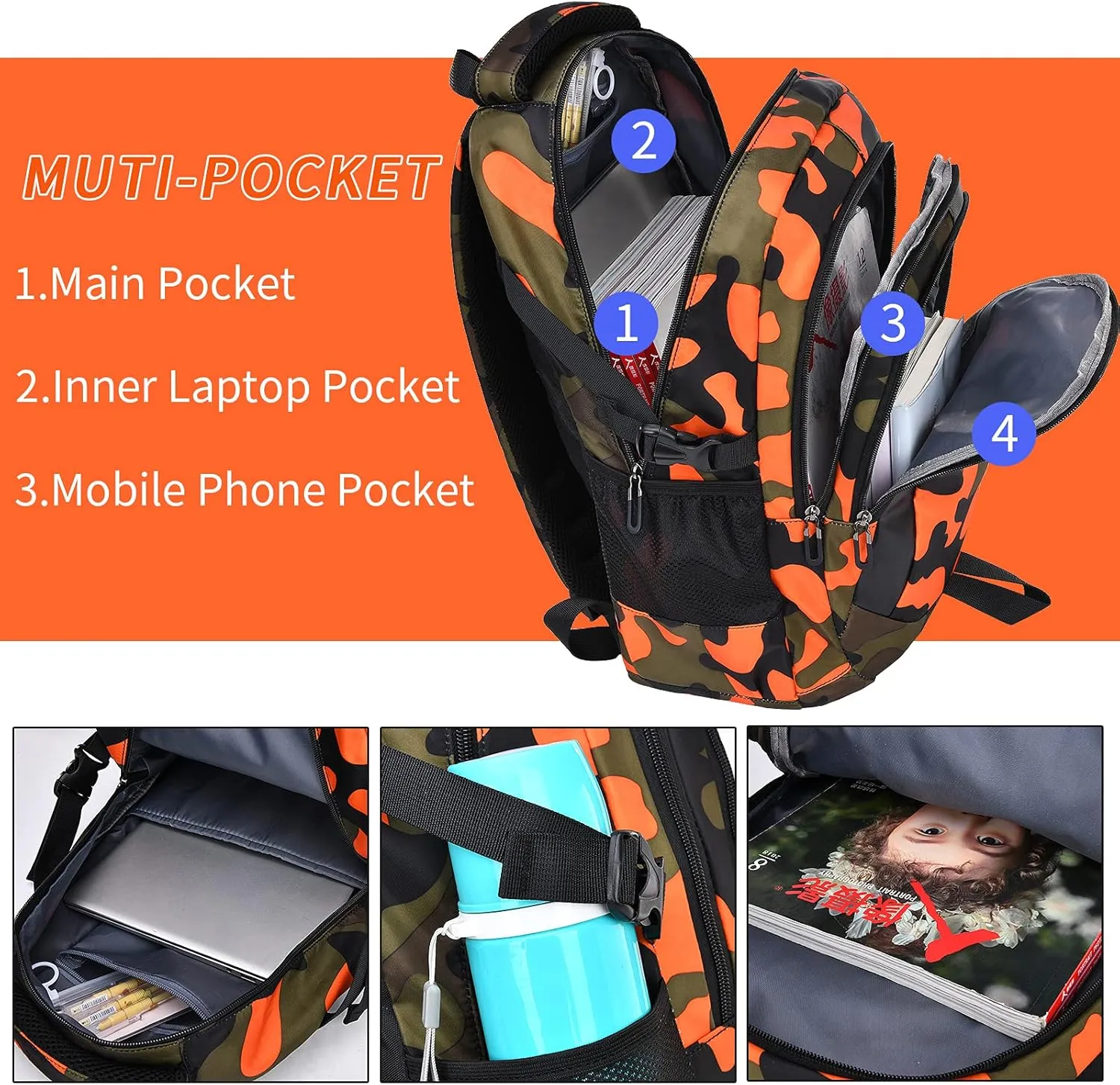 School Backpack Casual Daypack Travel Outdoor Camouflage Backpack Christmas Presents for Boys and Girls (DY Camo Orange)