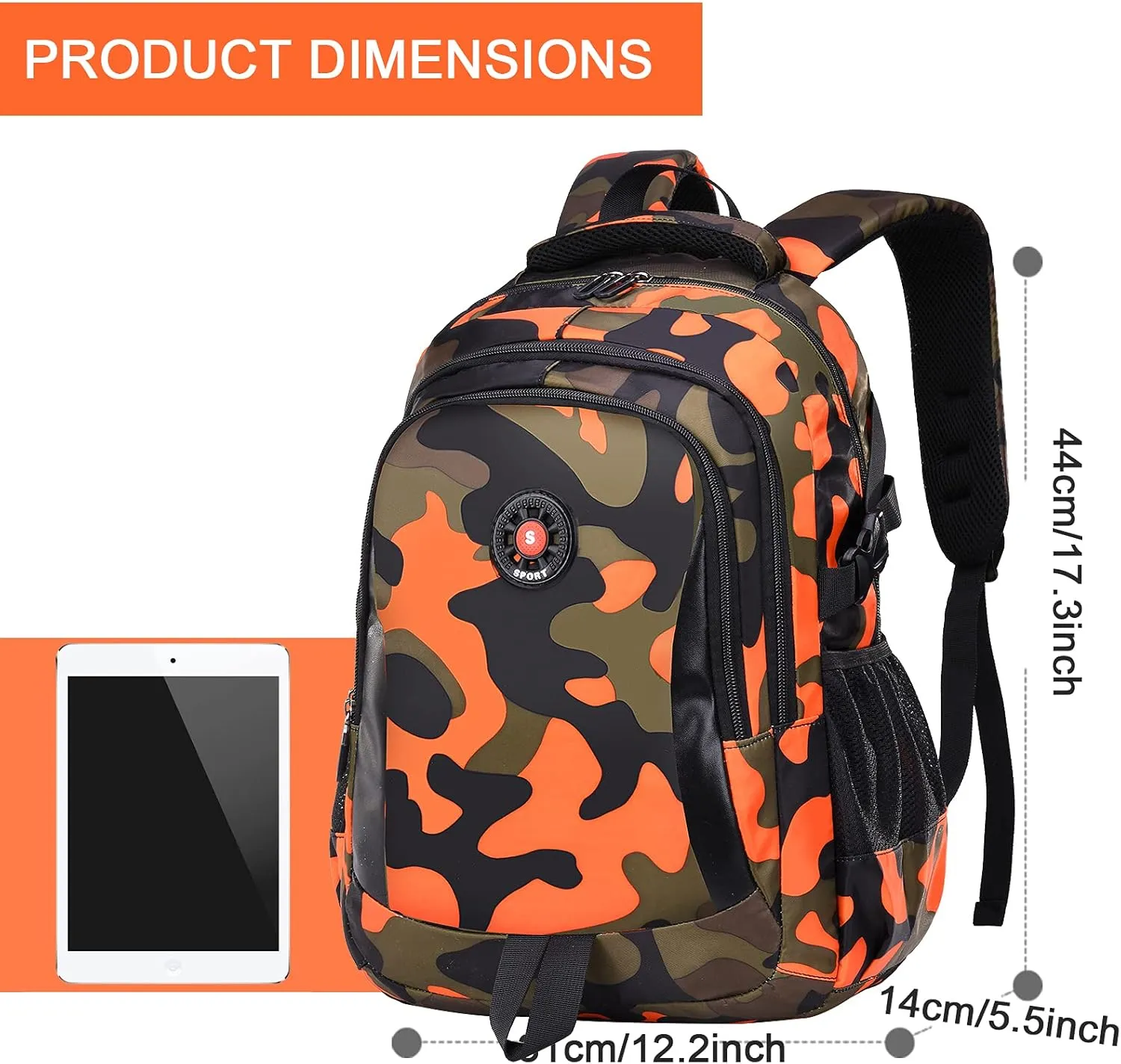 School Backpack Casual Daypack Travel Outdoor Camouflage Backpack Christmas Presents for Boys and Girls (DY Camo Orange)