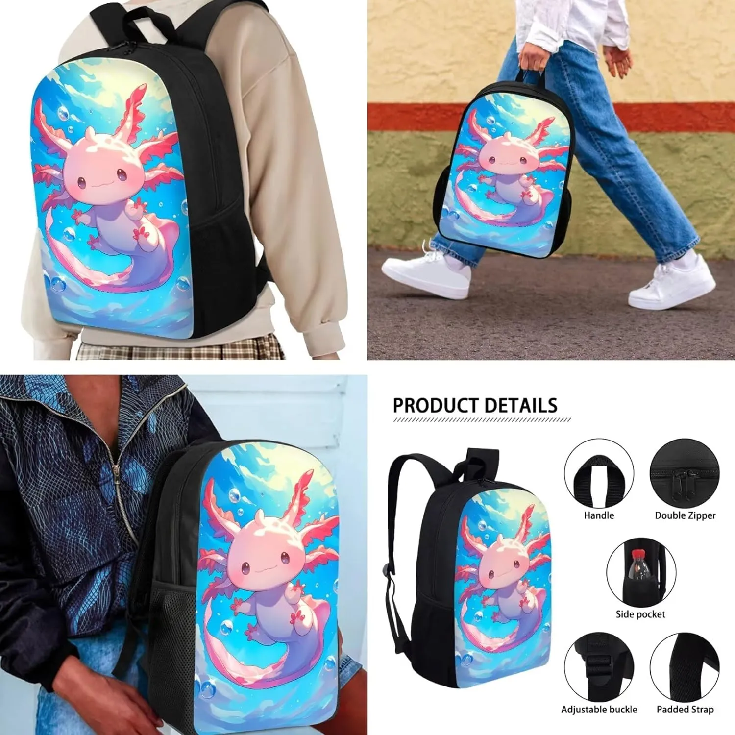 School Backpack for Teen Girls Kids Bookbag Set with Insulated Lunch Box Pencil Case, Axolotl Print Travel Laptop Bag Casual Daypacks for Boys Girls