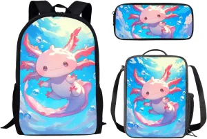 School Backpack for Teen Girls Kids Bookbag Set with Insulated Lunch Box Pencil Case, Axolotl Print Travel Laptop Bag Casual Daypacks for Boys Girls
