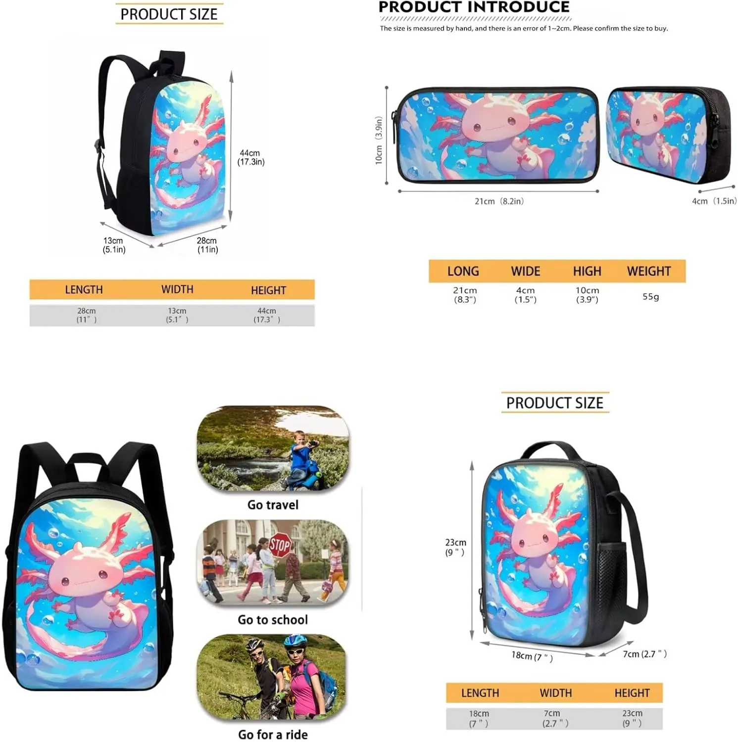 School Backpack for Teen Girls Kids Bookbag Set with Insulated Lunch Box Pencil Case, Axolotl Print Travel Laptop Bag Casual Daypacks for Boys Girls