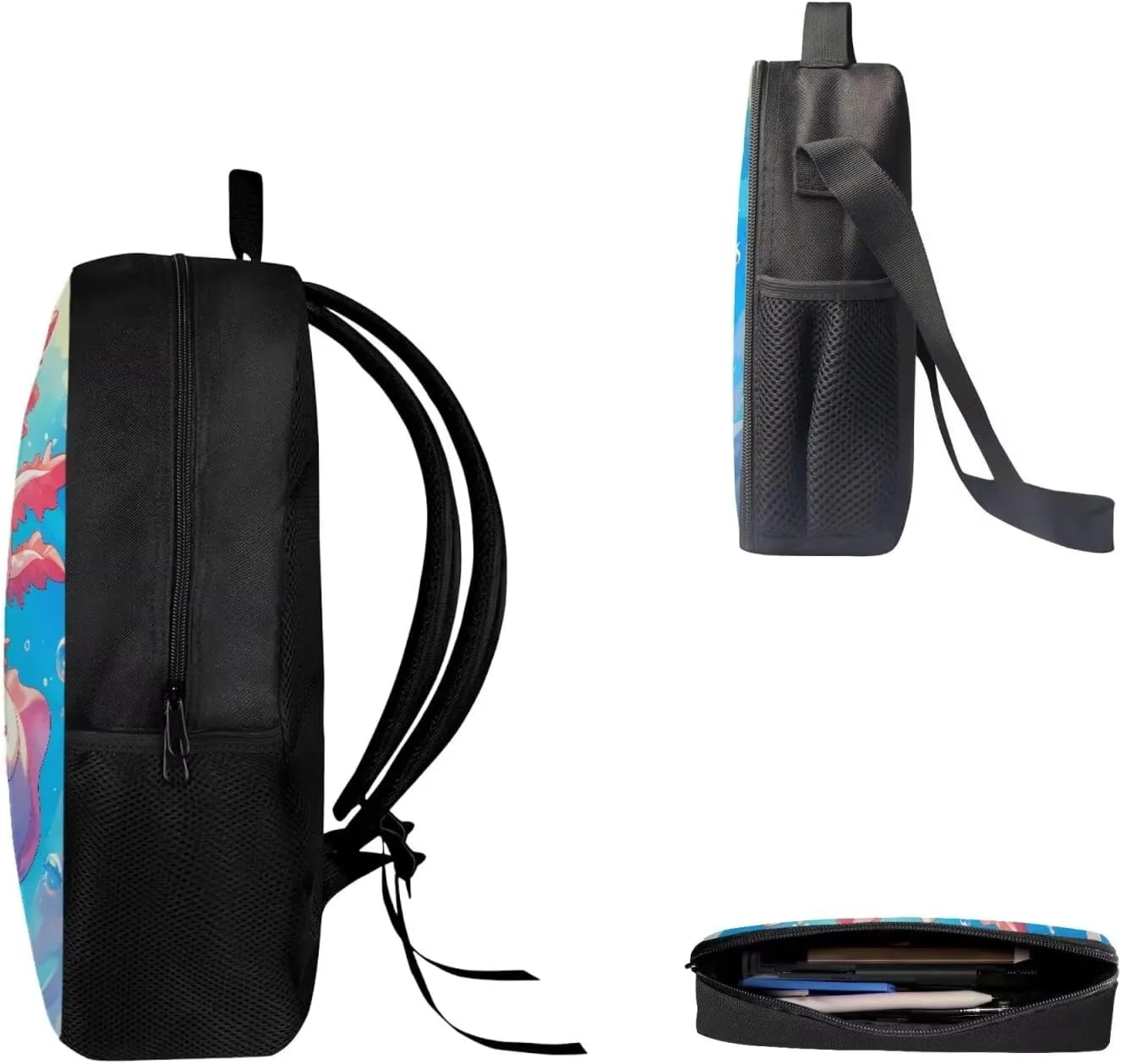 School Backpack for Teen Girls Kids Bookbag Set with Insulated Lunch Box Pencil Case, Axolotl Print Travel Laptop Bag Casual Daypacks for Boys Girls