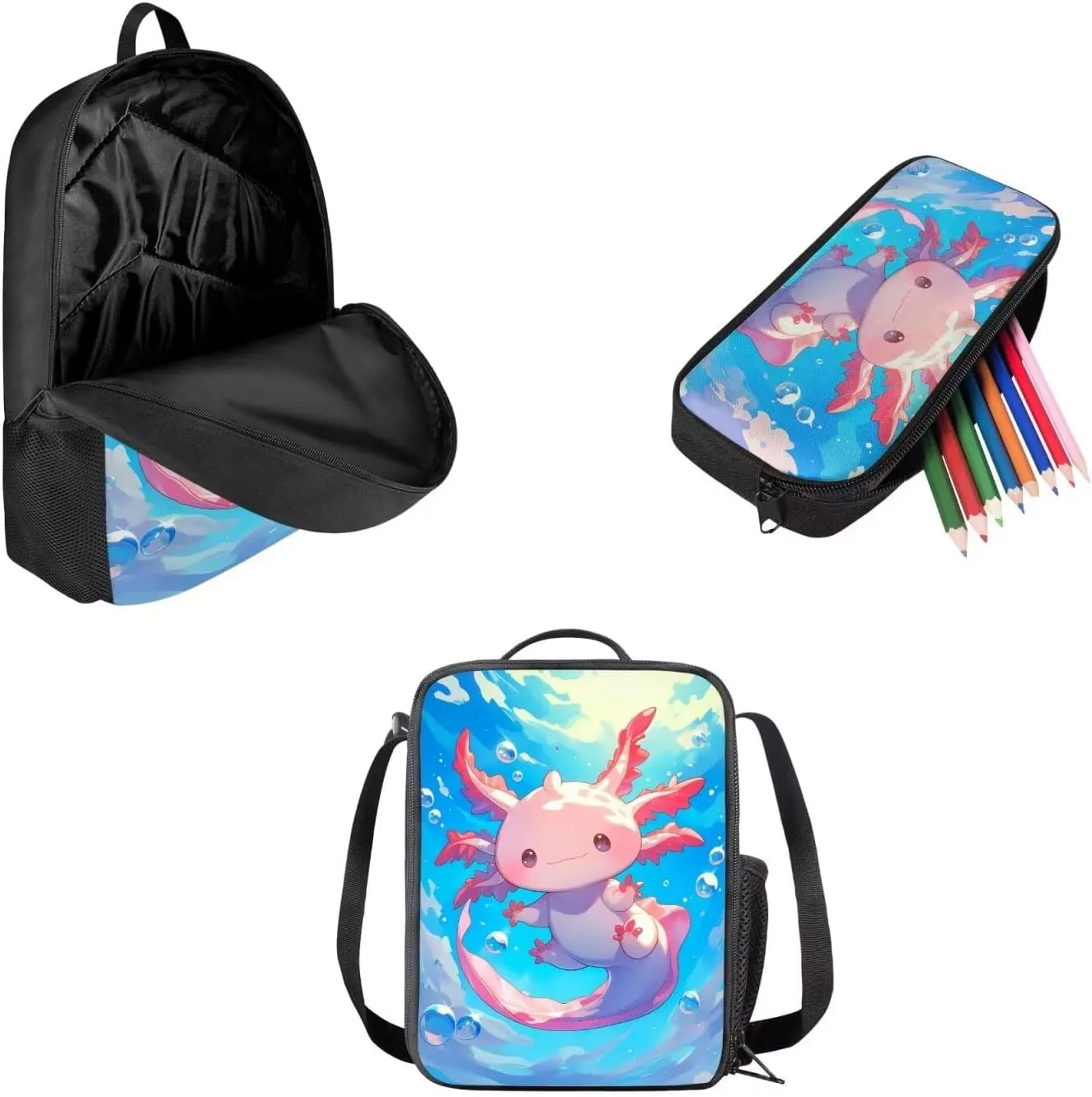School Backpack for Teen Girls Kids Bookbag Set with Insulated Lunch Box Pencil Case, Axolotl Print Travel Laptop Bag Casual Daypacks for Boys Girls