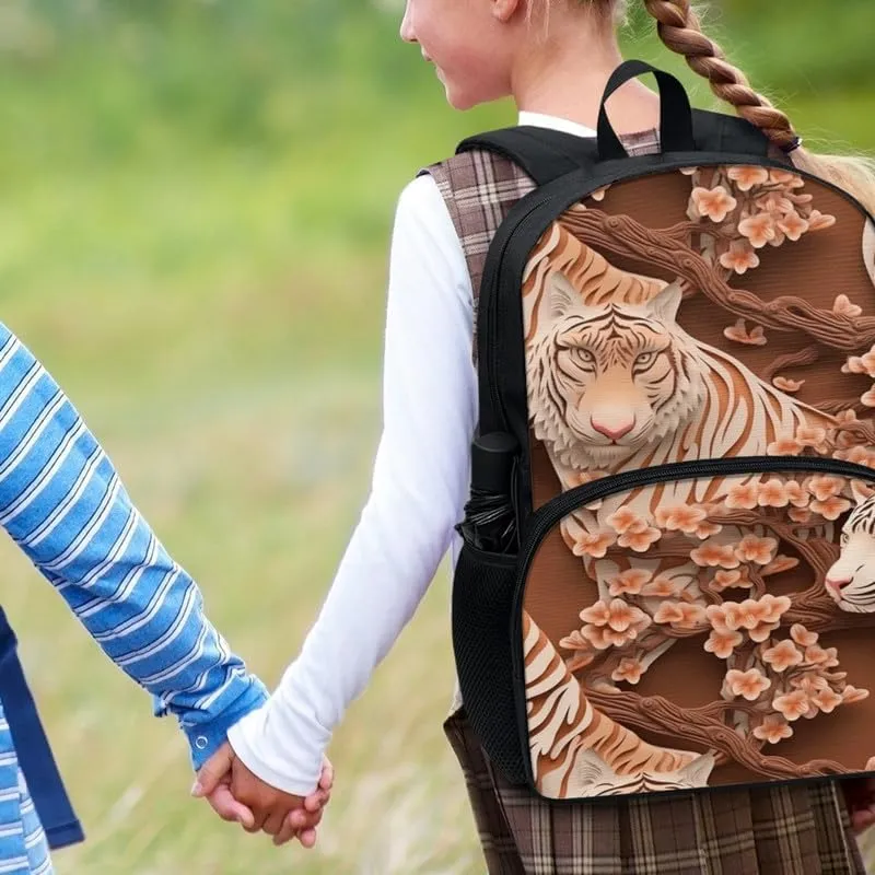 School Paper Sculpture Tiger Backpack Girls Large Capacity Water Bottle Holder Origami Style Tigers Daypacks Splash Resistant Bookbag Camping Study Rucksack Boys