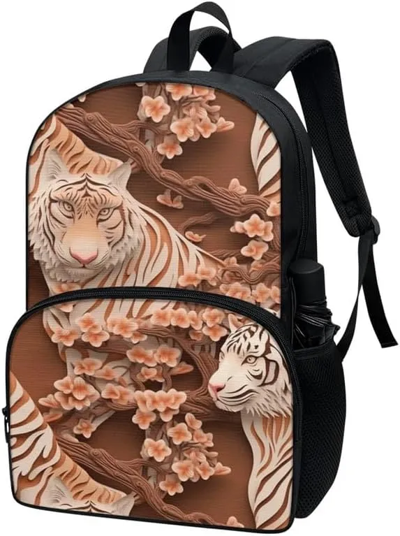 School Paper Sculpture Tiger Backpack Girls Large Capacity Water Bottle Holder Origami Style Tigers Daypacks Splash Resistant Bookbag Camping Study Rucksack Boys