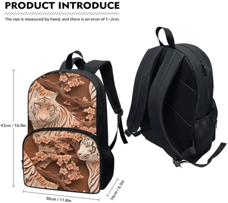 School Paper Sculpture Tiger Backpack Girls Large Capacity Water Bottle Holder Origami Style Tigers Daypacks Splash Resistant Bookbag Camping Study Rucksack Boys