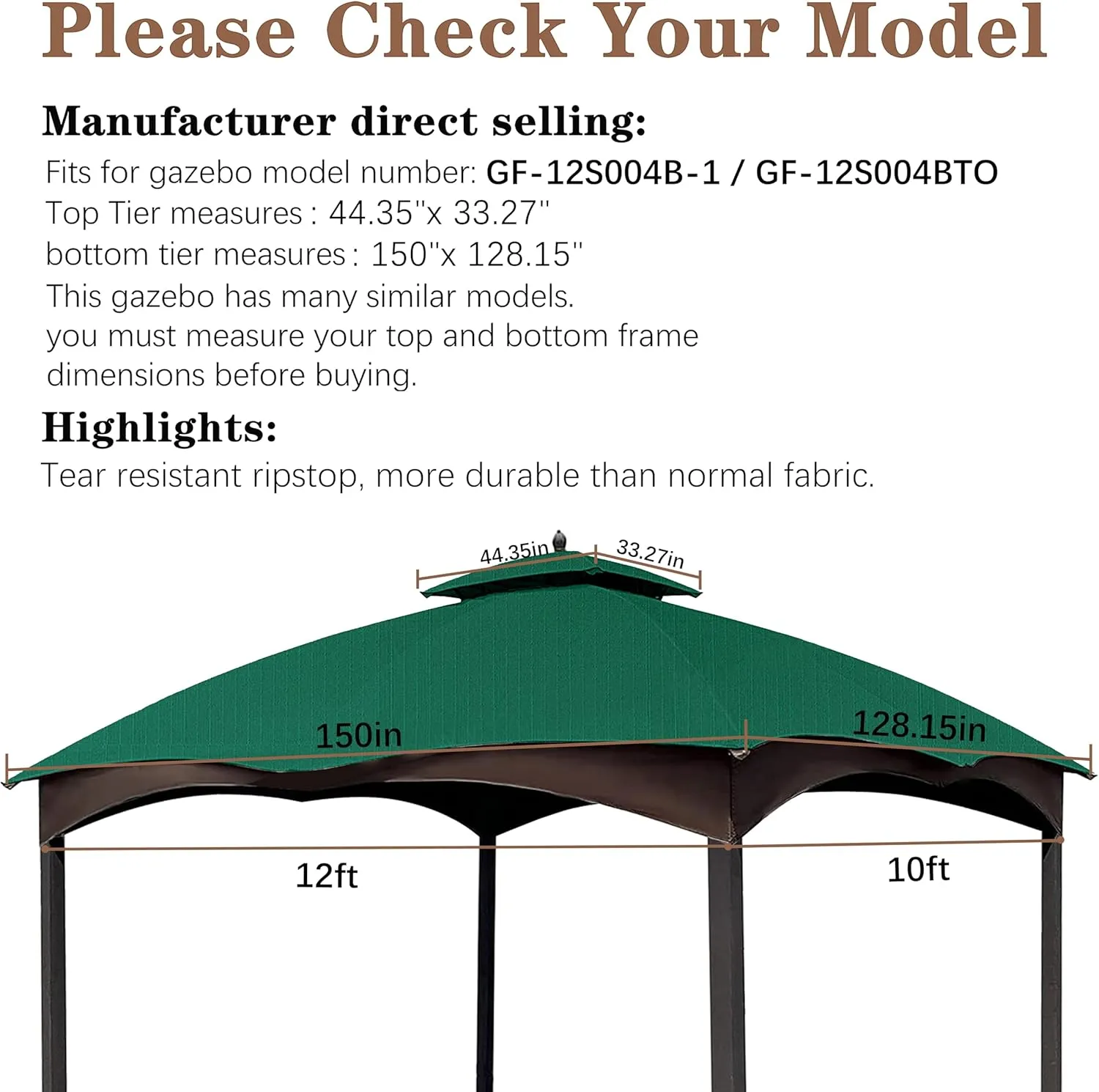 SCOCANOPY Forest Green Ripstop Replacement Top for Lowe's Allen Roth 10X12 Gazebo Model #GF-12S004B-1/ GF-12S004BTO
