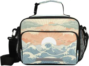 Sea Waves Sun Rays Modern Pattern Lunch Box Students Insulated Lunch Bag Shoulder Strap Reusable Tote Bags for Women Men School Office Travel