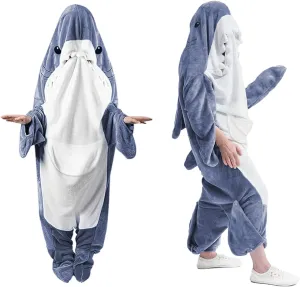 Shark Blanket Hoodie Onesie Adults Teens, Flannel Throw Wearable Blanket Blue, Pajamas Sleeping Bag Cosplay Gifts