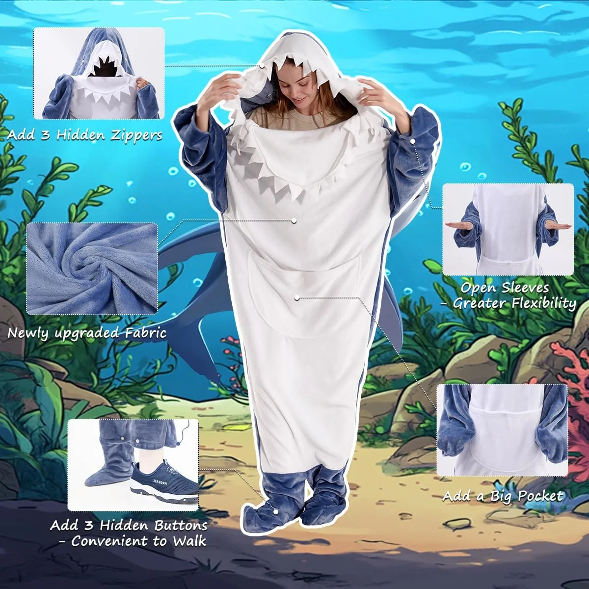 Shark Blanket Hoodie Onesie Adults Teens, Flannel Throw Wearable Blanket Blue, Pajamas Sleeping Bag Cosplay Gifts