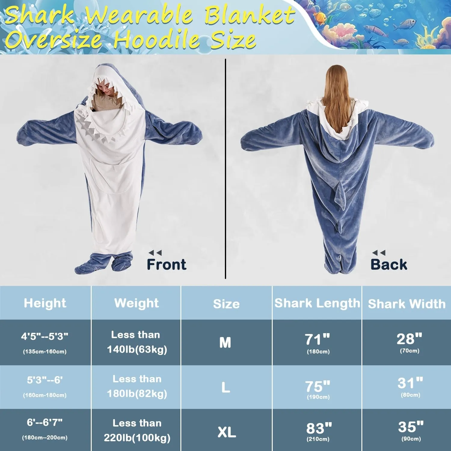 Shark Blanket Hoodie Onesie Adults Teens, Flannel Throw Wearable Blanket Blue, Pajamas Sleeping Bag Cosplay Gifts