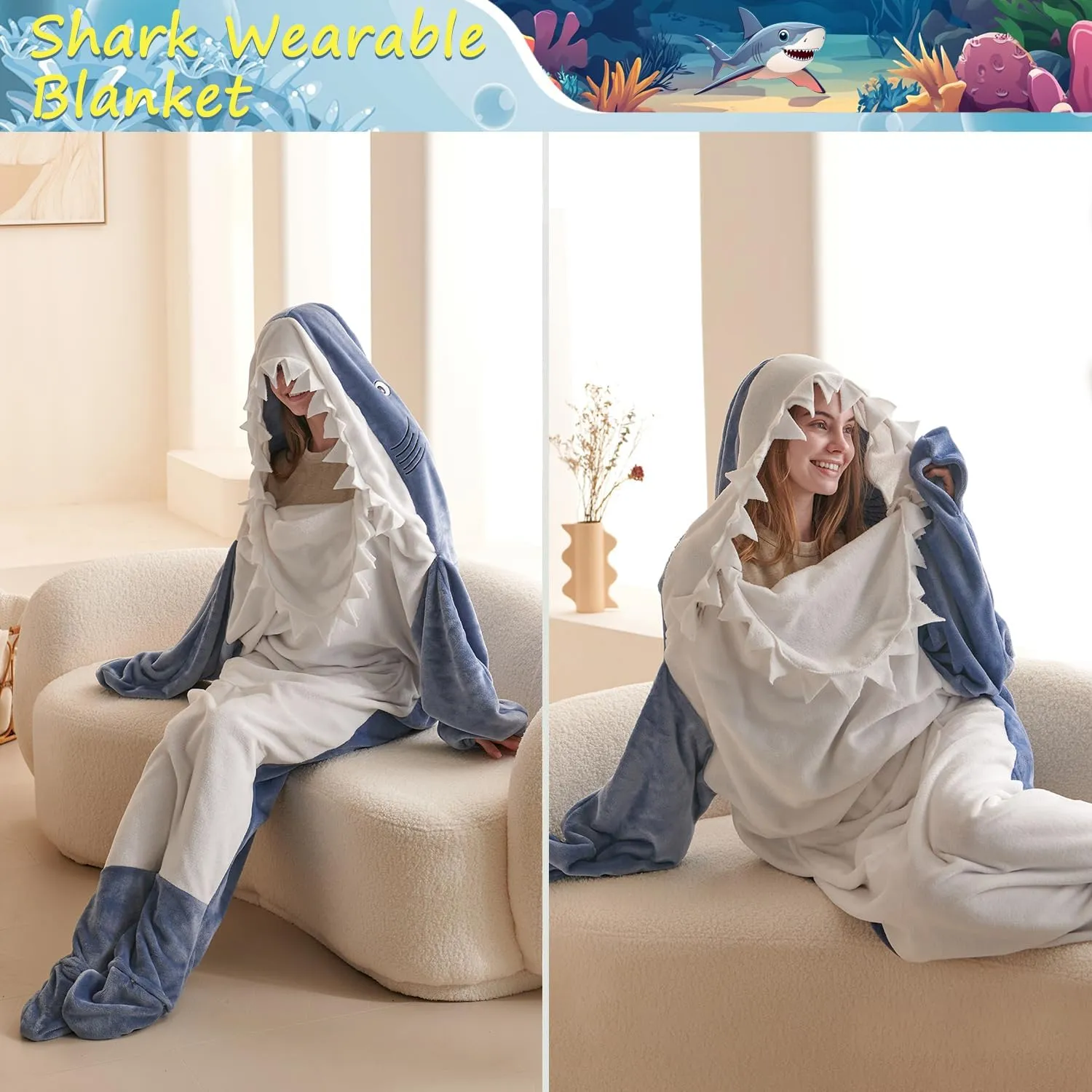 Shark Blanket Hoodie Onesie Adults Teens, Flannel Throw Wearable Blanket Blue, Pajamas Sleeping Bag Cosplay Gifts