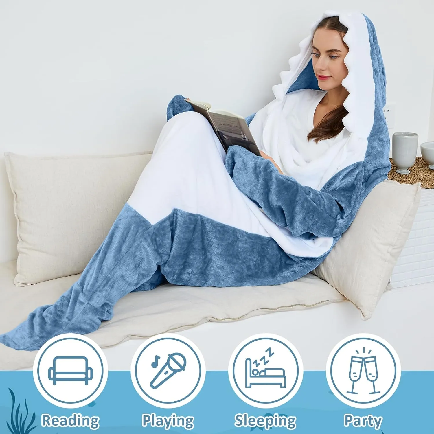 Shark Blanket Hoodie Onesie for Adults and Kids, Cozy Flannel Shark Sleeping Bag