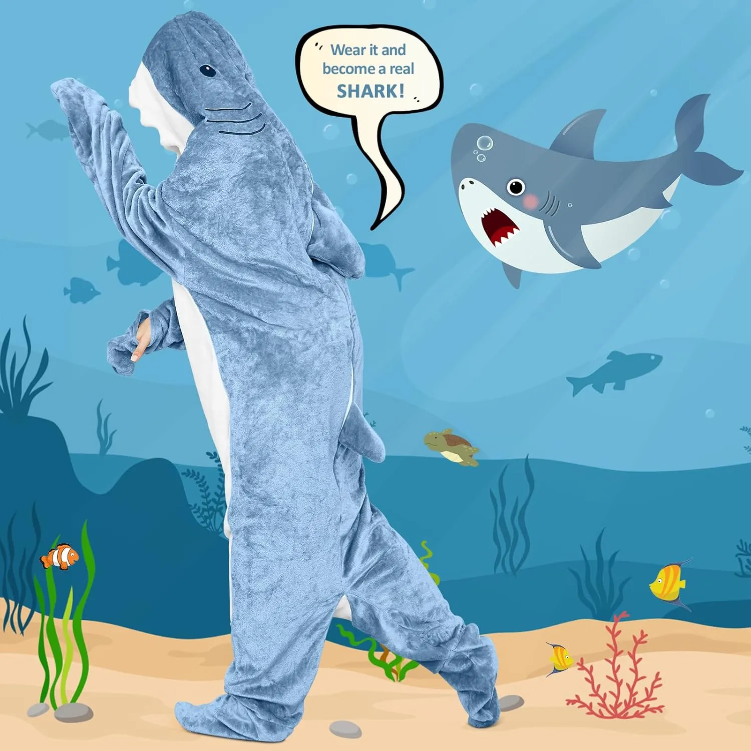 Shark Blanket Hoodie Onesie for Adults and Kids, Cozy Flannel Shark Sleeping Bag