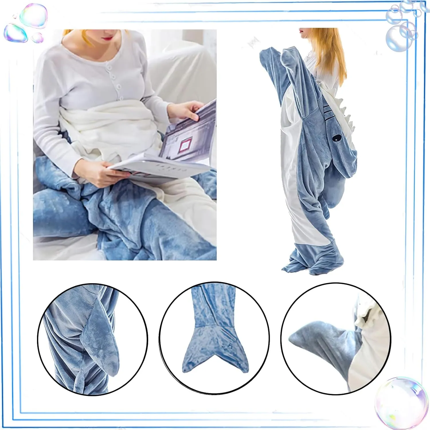 Shark Blanket Onesie Adult Wearable Super Soft Cozy Flannel Hoodie Pajamas Sleeping Bag for Boys Kids Creative Gifts(M)
