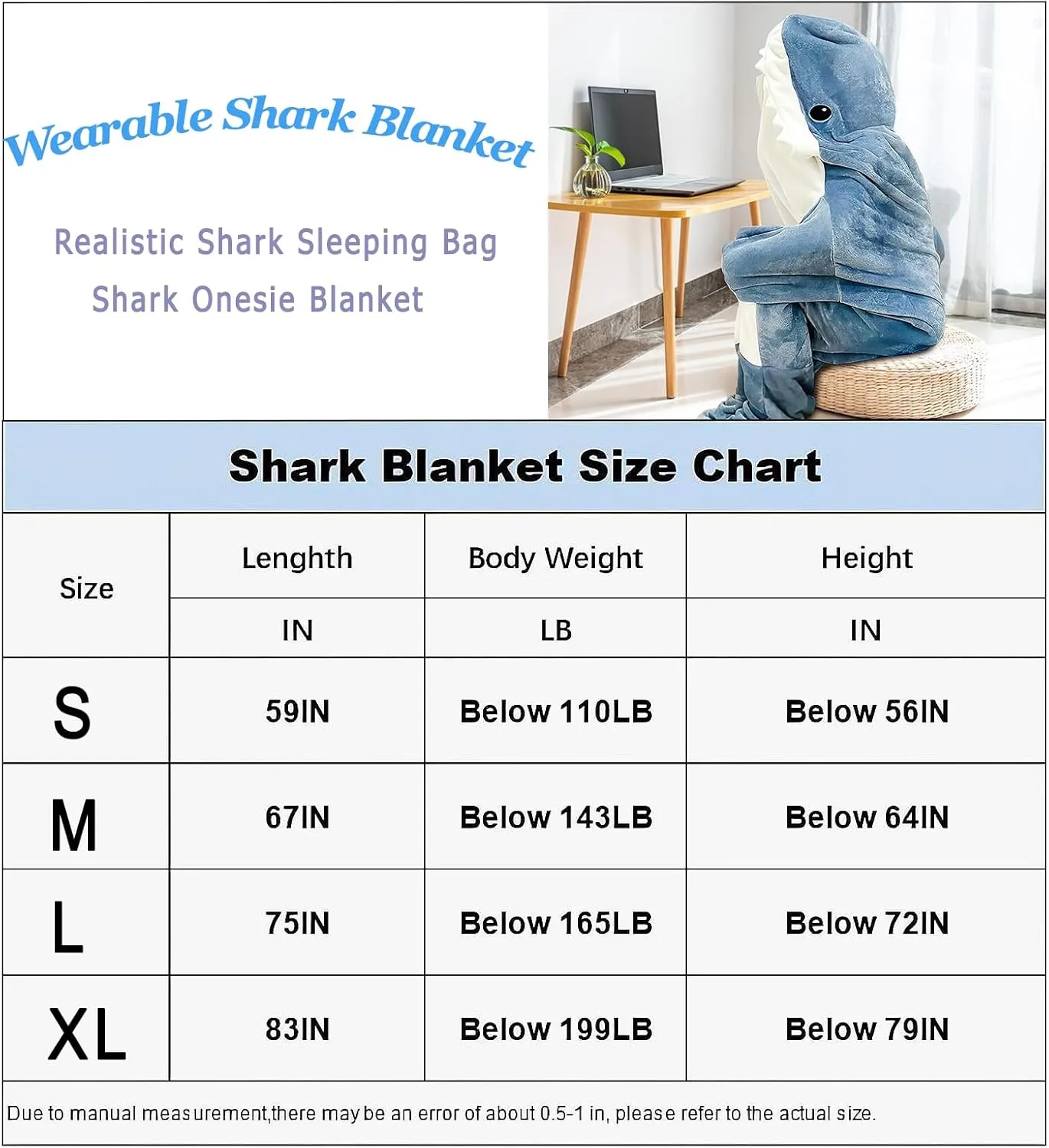 Shark Blanket Onesie Adult Wearable Super Soft Cozy Flannel Hoodie Pajamas Sleeping Bag for Boys Kids Creative Gifts(M)
